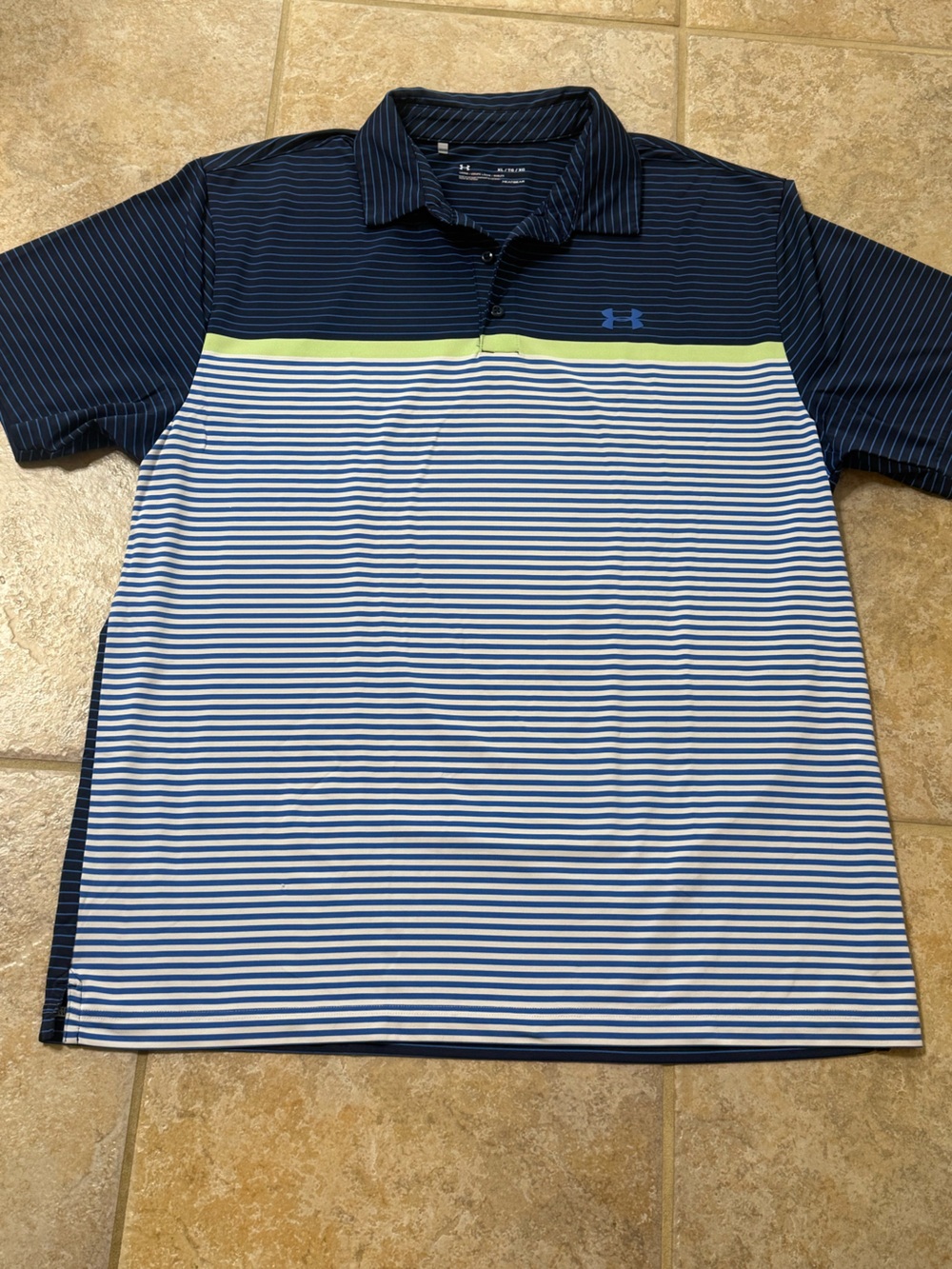Under Armour Navy and White Striped Performance Polo XL with Lime Trim